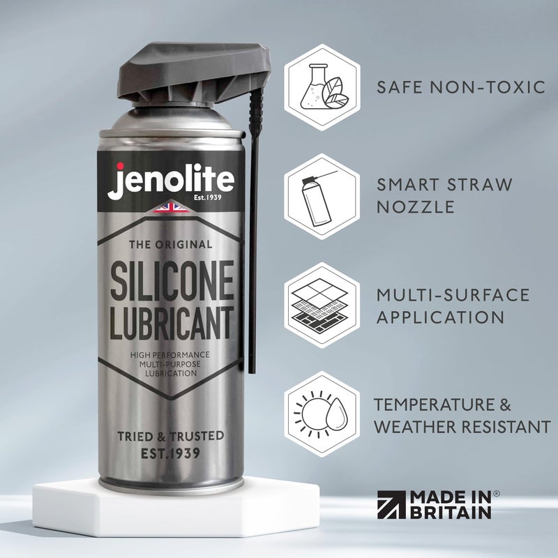 JENOLITE رذاذ سيليكون جينوليت | قشة ذكية | تشحيم متعدد الاستخدامات عالي الأداء | مقاوم للحرارة، يصد الأوساخ والرطوبة، مادة تشحيم غير سامة | 400 مل (13.5 أونصة سائلة) - Image 2